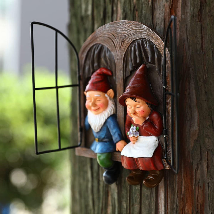 Elf Out The Door Tree Hugger - Couple Gnome Tree Peeker Yard Art Garden Ornament Funny Naughty Gnomes Tree Sculpture Garden Decoration, Thanksgiving