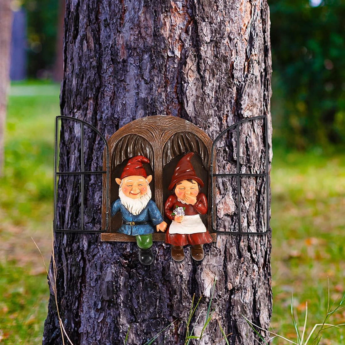 Elf Out The Door Tree Hugger - Couple Gnome Tree Peeker Yard Art Garden Ornament Funny Naughty Gnomes Tree Sculpture Garden Decoration, Thanksgiving