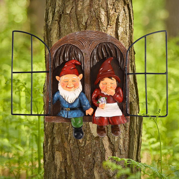 Elf Out The Door Tree Hugger - Couple Gnome Tree Peeker Yard Art Garden Ornament Funny Naughty Gnomes Tree Sculpture Garden Decoration, Thanksgiving